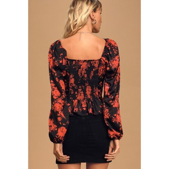 Lulus Ready for Romance Black Floral Print Ruched Long Sleeve Blouse Top Small - Picture 2 of 7
